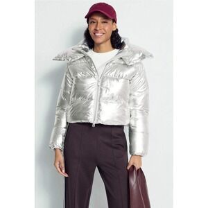 Save the Duck Metallic Silver Puffer Jacket Womens Size 4 L Large Vegan Quilted